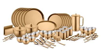 FnS BONBON 60pcs Stainless Steel Dinner Set (Quarter Plate, Full Plate, Glass, Serving Bowl, Desert Bowl, Glasses, Spoon & Rice Tray)