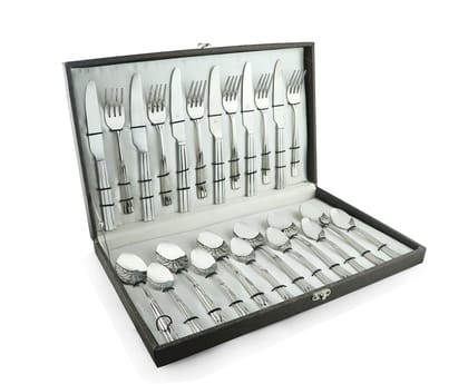 FnS Venice 24 Pc Stainless Steel Cutlery Set with Leatherette Box Packaging (6 Dinner Spoon, 6 Dinner Fork, 6 Tea Spoon, 6 Dinner Knives)