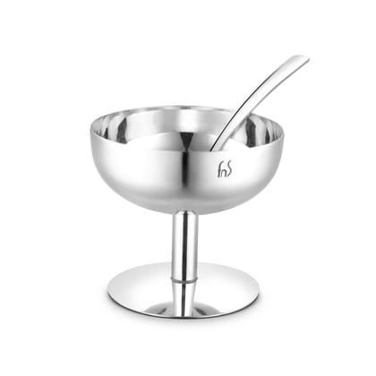 FNS Delight Stainless Steel Pudding Set for Serving Ice Cream, Fruit, Pudding, Snack (4 Dessert Cup and 4 Ice Cream Spoons)