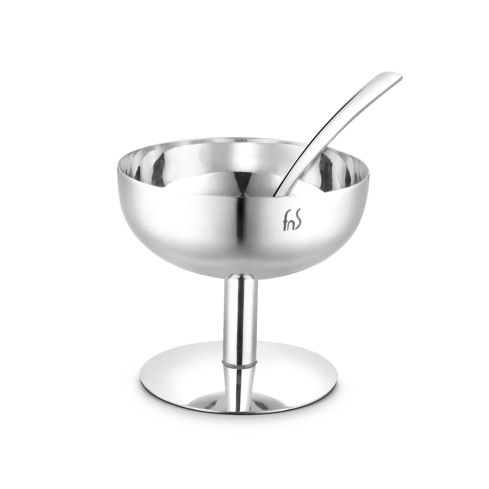 FNS Delight Stainless Steel Pudding Set for Serving Ice Cream, Fruit, Pudding, Snack (4 Dessert Cup and 4 Ice Cream Spoons)