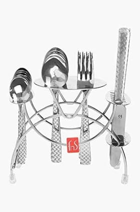 FnS Rhombo Stainless Steel Cutlery Set with Hanging Stand (6 Dinner Spoon, 6 Dinner Fork, 6 Teaspoon, 6 Dinner Knife/Butter Knife & 1 Stand)