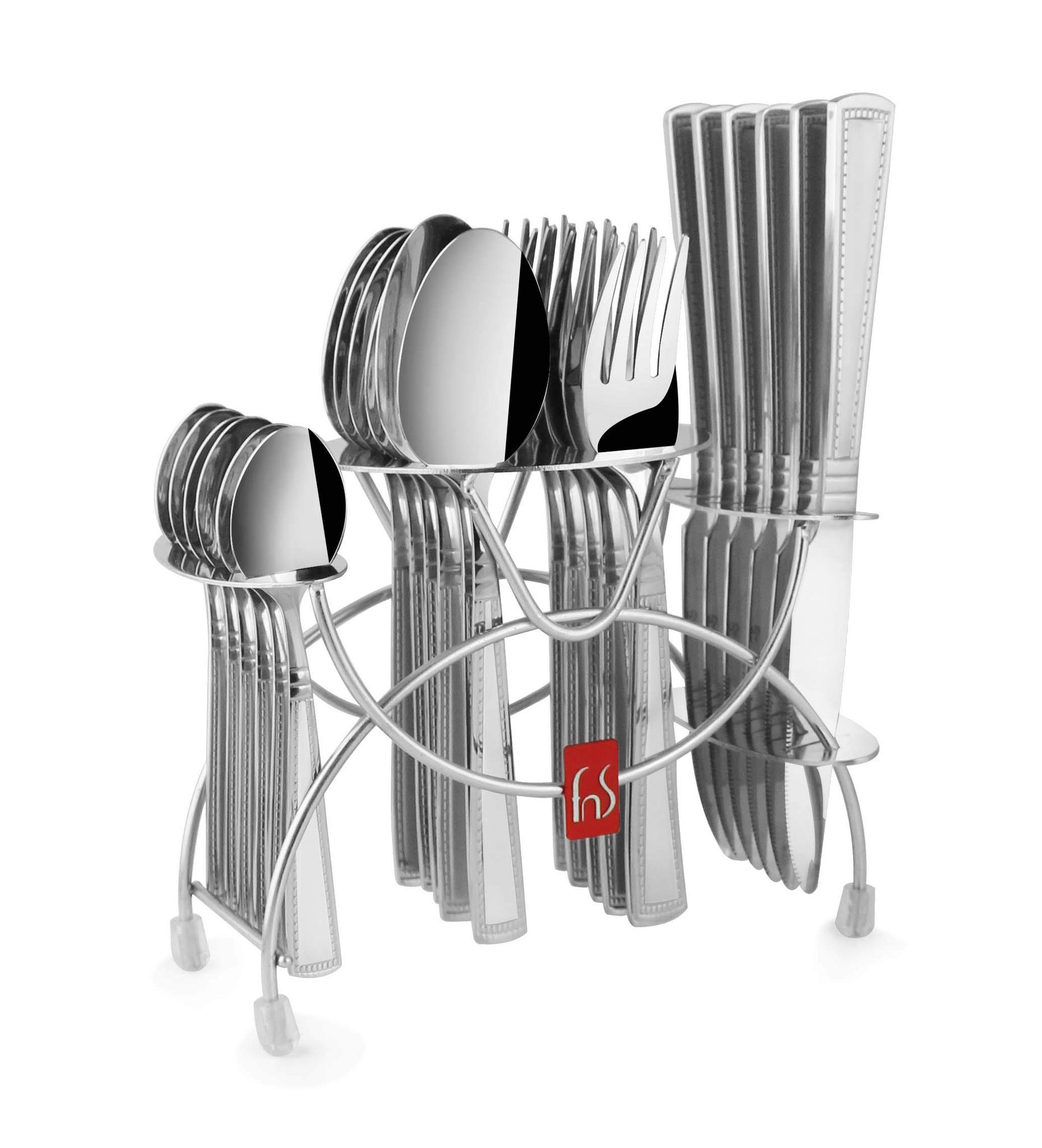 FnS Radiant 24 Pc Premium Stainless Steel Cutlery Set with Hanging Stand (6 Dinner Spoons, 6 Dinner Forks, 6 Tea Spoons, 6 Dinner Knives & 1 Stand)