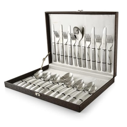 FnS Madrid Hammer Finish 26 Pc Cutlery Set with Beautiful leatheritte Packaging.