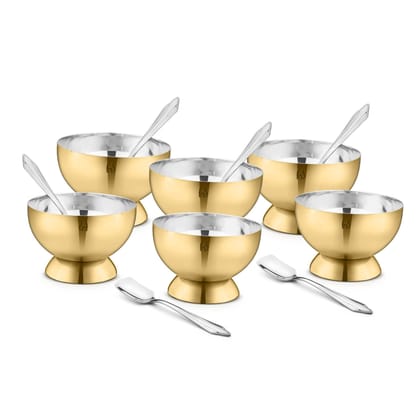 FNS Savory 6 Bowls and 6 Spoons Set for ice Cream/Pudding/Dessert- Stainless Steel Bowls Set with Spoon