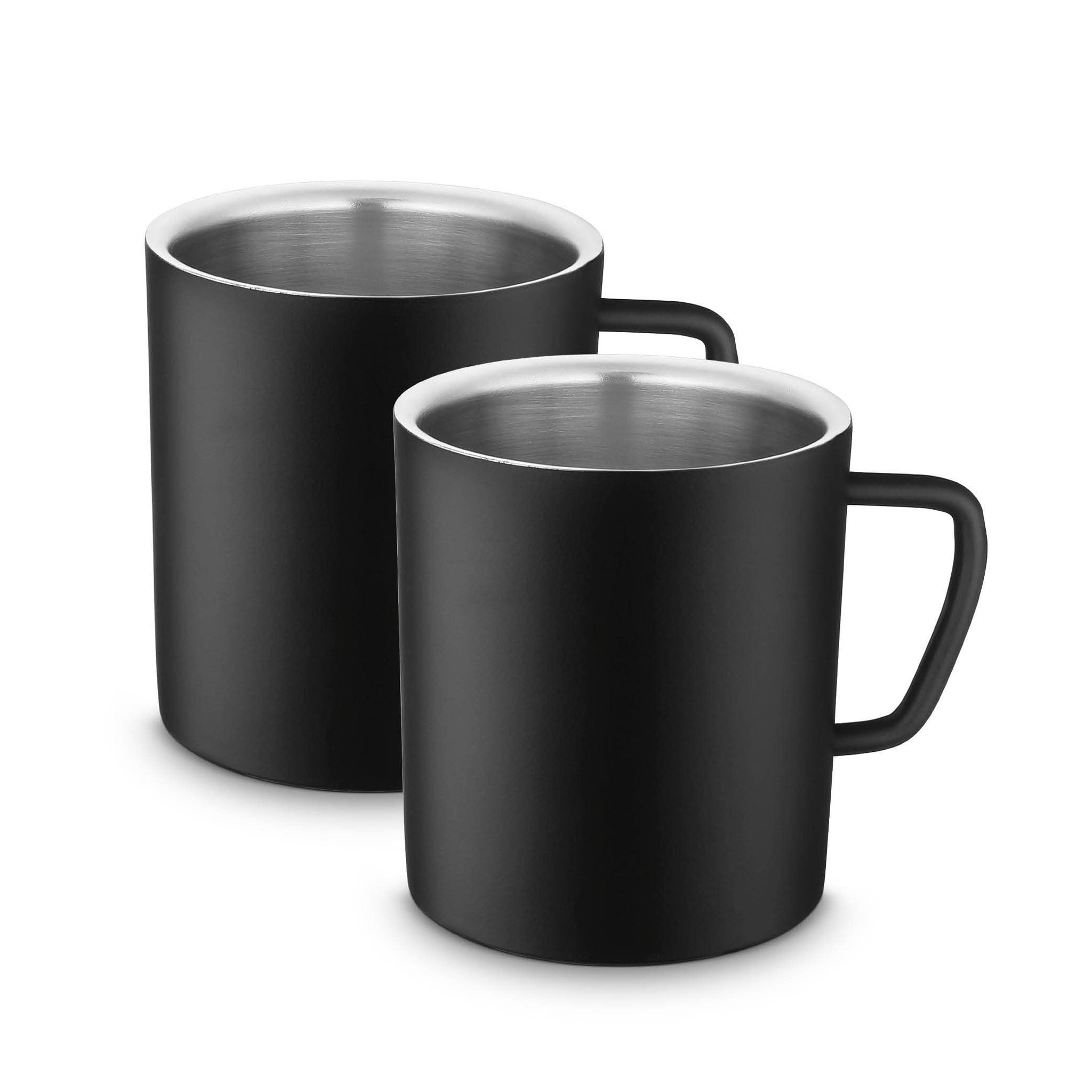 FnS Stainless Steel Coffee Mugs - Double Wall BPA Free - Tea Cup Wide Handle - Black