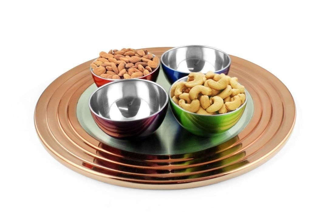 FNS Spiral Nut Bowl Set with Ribbed Plate & 4 Multi Color Bowls and Round Copper Coated Tray