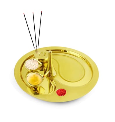 FNS Shubh Double Walled Stain Less Steel Pooja Thali 5 Pc Set Diya, Bowl, Bell and Incense Stick Holder in Gold Finish