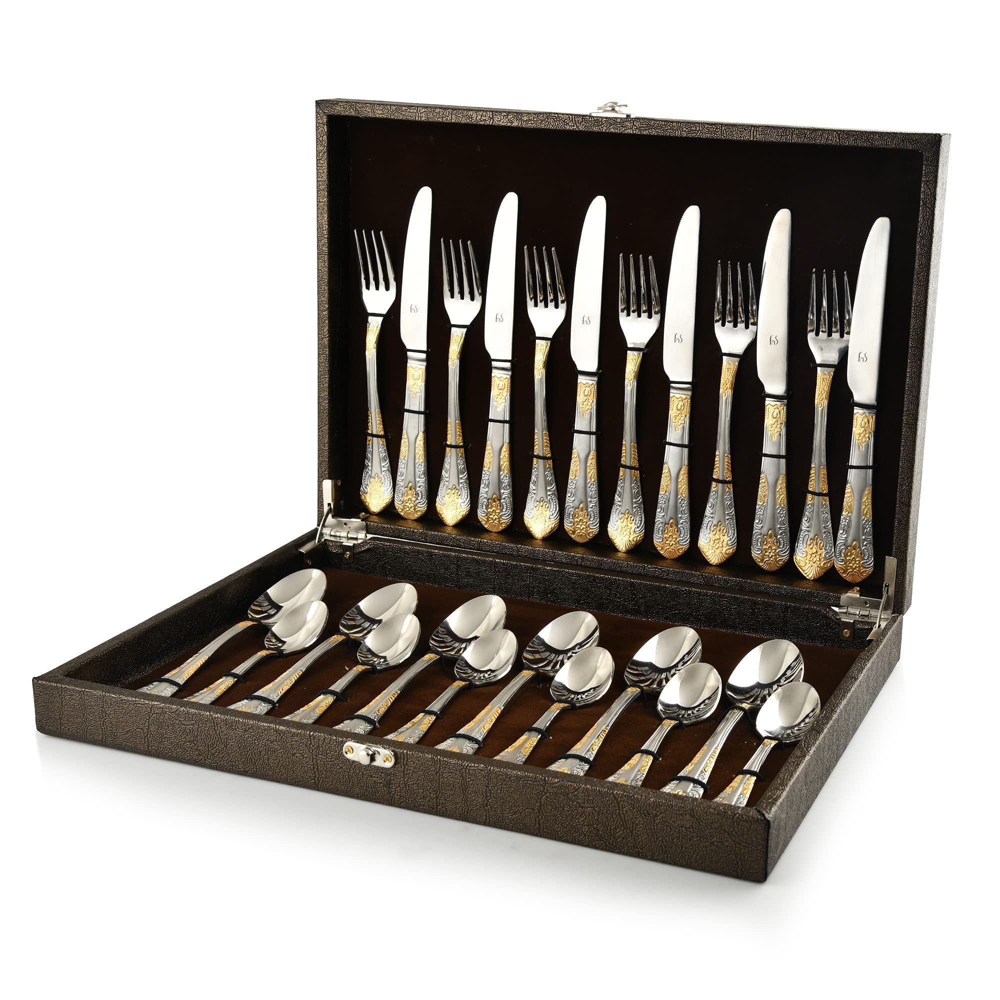 FnS Odyssey Premium 24 Karat Gold Plated Cutlery - Set of 24 (Contains: 6 Dinner Spoons, 6 Dinner Forks, 6 Teaspoon, 6 Dinner Knife/Butter Knife)