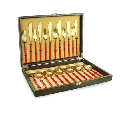 FNS Mino 24 Pcs, Dual Finish -Pink and Gold Cutlery Set with Beautiful Leatherette Box Packaging (6 Dinner Spoon, 6 Dinner Fork, 6 Dinner Knives & 6 Teaspoon)