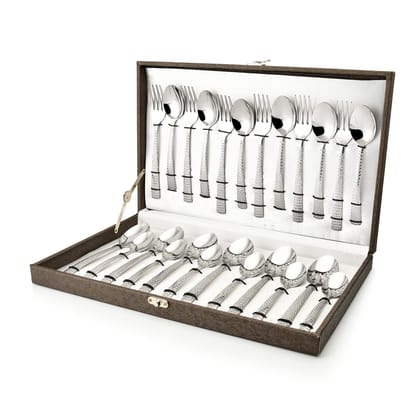 FnS Madrid Cutlery Set Hammer Finish on Handle with Box Packaging (6 Dinner Spoon, 6 Dinner Fork, 6 Teaspoon, 6 Baby Spoons)