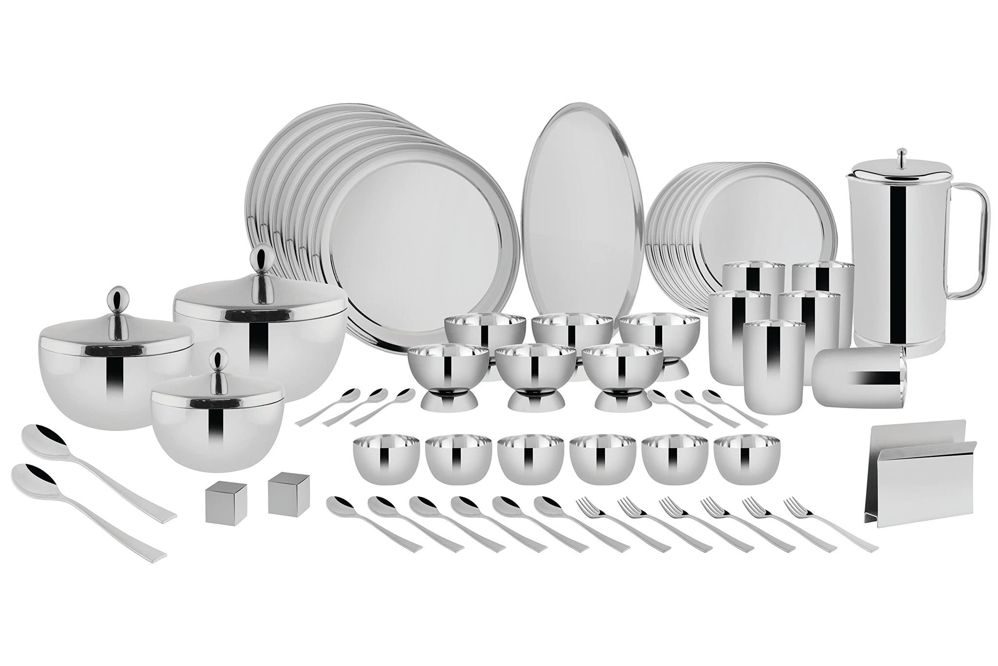 FnS Sovana 60pcs Stainless Steel Dinner Set (Quarter Plate, Full Plate, Glass, Serving Bowl, Desert Bowl, Glasses, Spoon & Rice Tray)