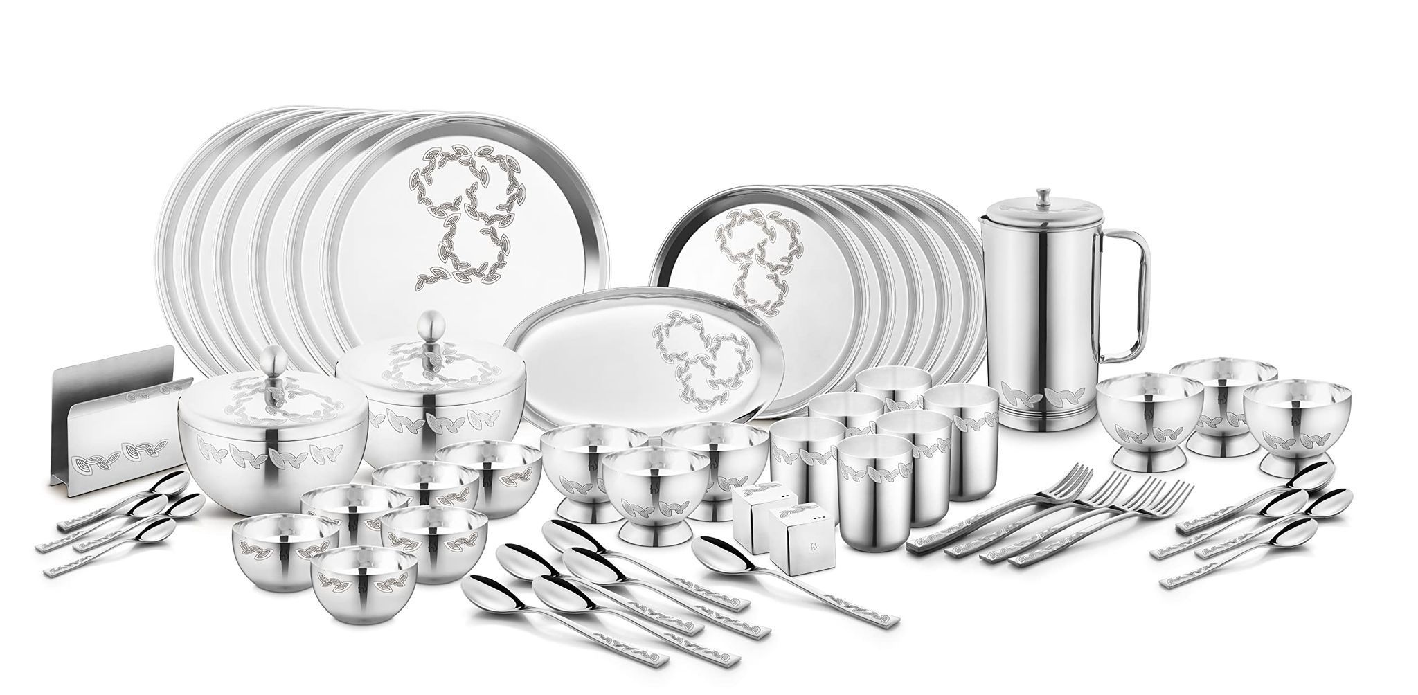 FnS Motif 78pcs Stainless Steel Dinner Set (Quarter Plate, Full Plate, Glass, Serving Bowl, Desert Bowl, Glasses, Spoon, Rice Tray, Dinner Fork, Salt N Pepper)