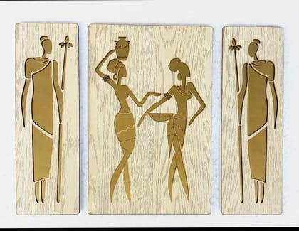 Wooden Home Decor Unique Design Wall Frame Laser Cut Wall Art Gold Plated for Home Decorative (16X24 inch, 3Pcs set)