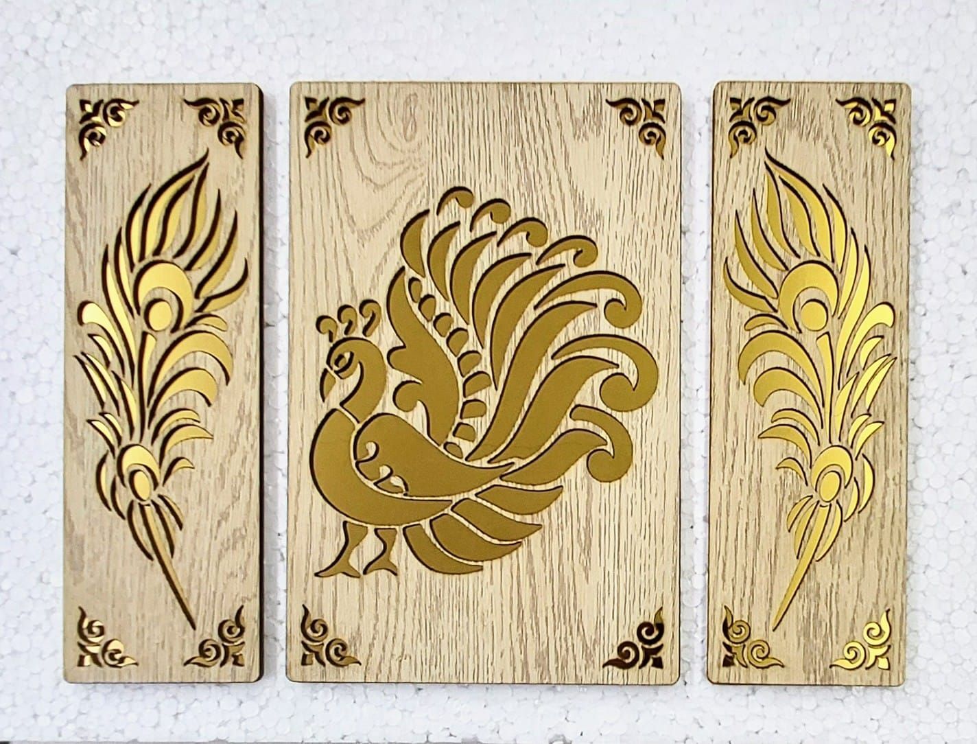 Pinewood Wall Decor with Laser cutting Golden Effect for Home and Office Decor (3 Pcs Set, 12X15 Inch)