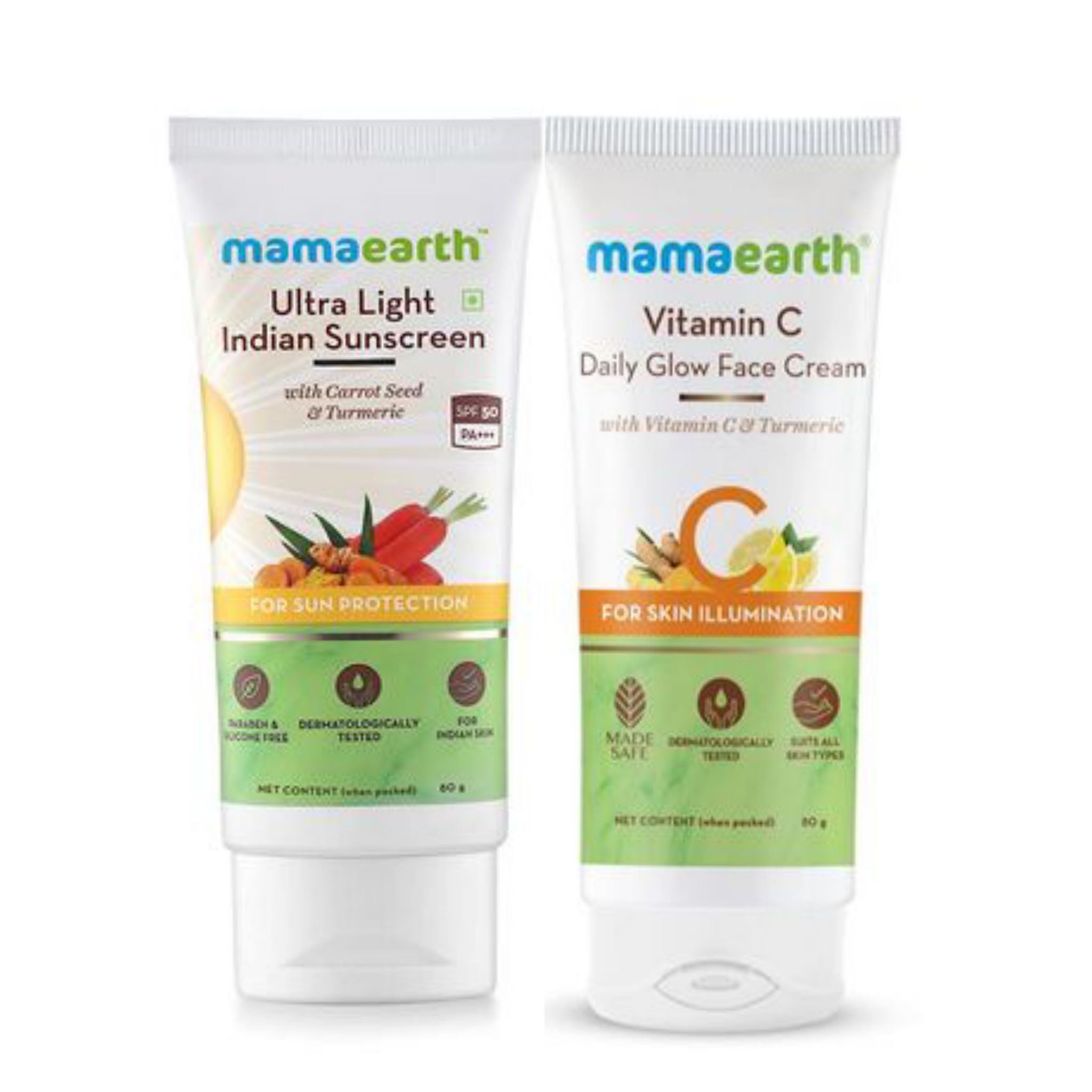 Mamaearth Ultra Light Indian Sunscreen SPF50 PA+++ (80 gm) + Mamaearth Vitamin C Daily Glow Face Cream(80gm) Combo Pack of 2