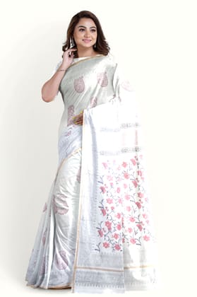 White Floral Hand Printed Maheshwari Saree