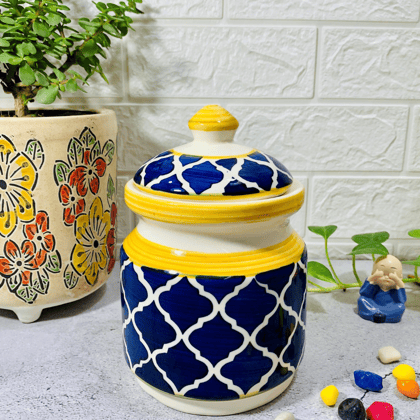 Homefrills Multi-Utility Storage Ceramic Jar & Container with Lid/Achar Barni for Storage of Achar/Snacks /Pickle/cookies etc. (1 jars with Lid )Colour-Blue & Yellow Capacity-1000 ml/1 KG(approx)