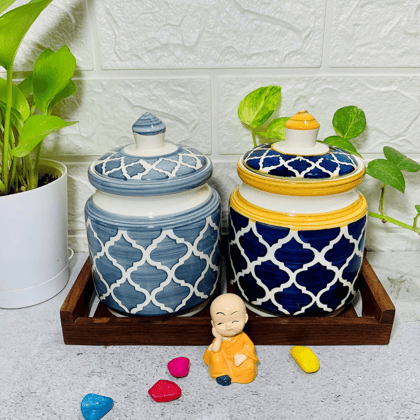 Homefrills Multi-Utility Storage Ceramic Jars & Containers with Lid/Achar Barni for Storage of Achar/Snacks /Pickle/cookies etc. (2 jars with Lid )Colour-Grey & Mustard Blue Capacity-500 ml/500 Gram each (approx)