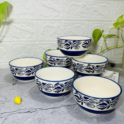 Homefrills Blue Petal Design ceramic Bowl Set 6 pcs for Serving Dessert, Dip Sauce, Salad Dressing, Chutney, Halwa, Pickle/Achar etc.Microwave & Dishwasher Safe.Aprox 150 Ml Each