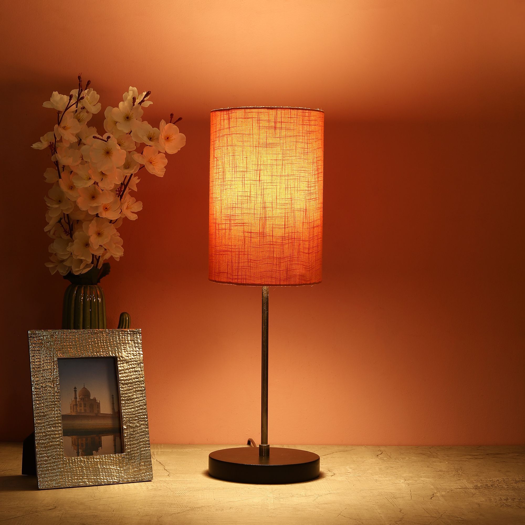 BTR CRAFTS Silver Rod With Black Wooden Base Table Lamp (Cylinder Orange Texture Lampshade)