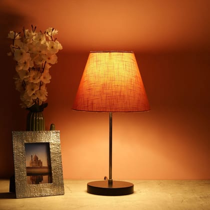 BTR CRAFTS Silver Rod With Black Wooden Base Table Lamp (Conical Orange Texture Lampshade)