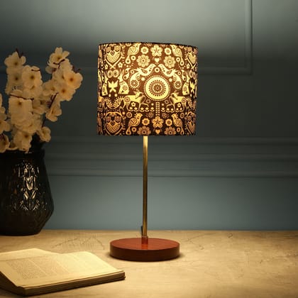 BTR CRAFTS Light Gold Rod & Brown Wooden Base Table Lamp ( Nandi Floral Shade)