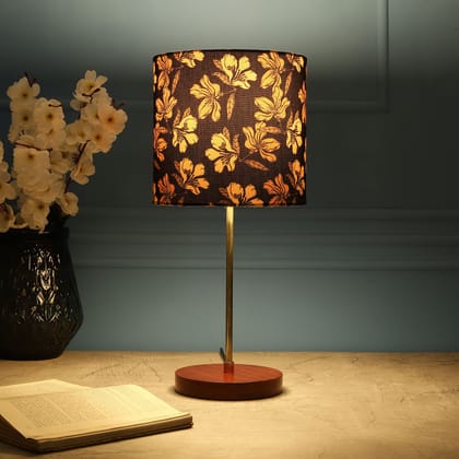 BTR CRAFTS Light Gold Rod & Brown Wooden Base Table Lamp (Golden Flower Shade)