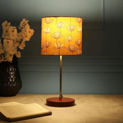 BTR CRAFTS Light Gold Rod & Brown Wooden Base Table Lamp ( Mustered Junoon Shade)