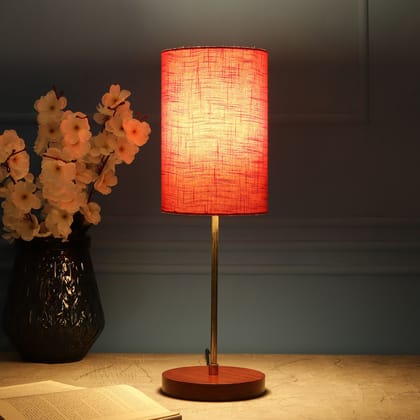 BTR CRAFTS Light Gold Rod & Brown Wooden Base Table Lamp (Cylinder Red Texture Lampshade)