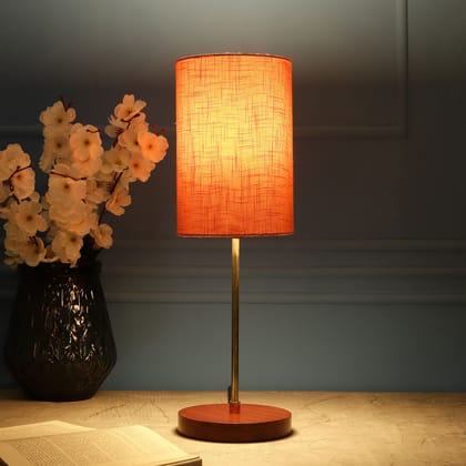 BTR CRAFTS Light Gold Rod & Brown Wooden Base Table Lamp (Cylinder Orange Texture Lampshade)