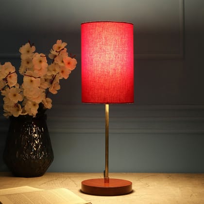 BTR CRAFTS Light Gold Rod & Brown Wooden Base Table Lamp (Cylinder Red Lampshade)