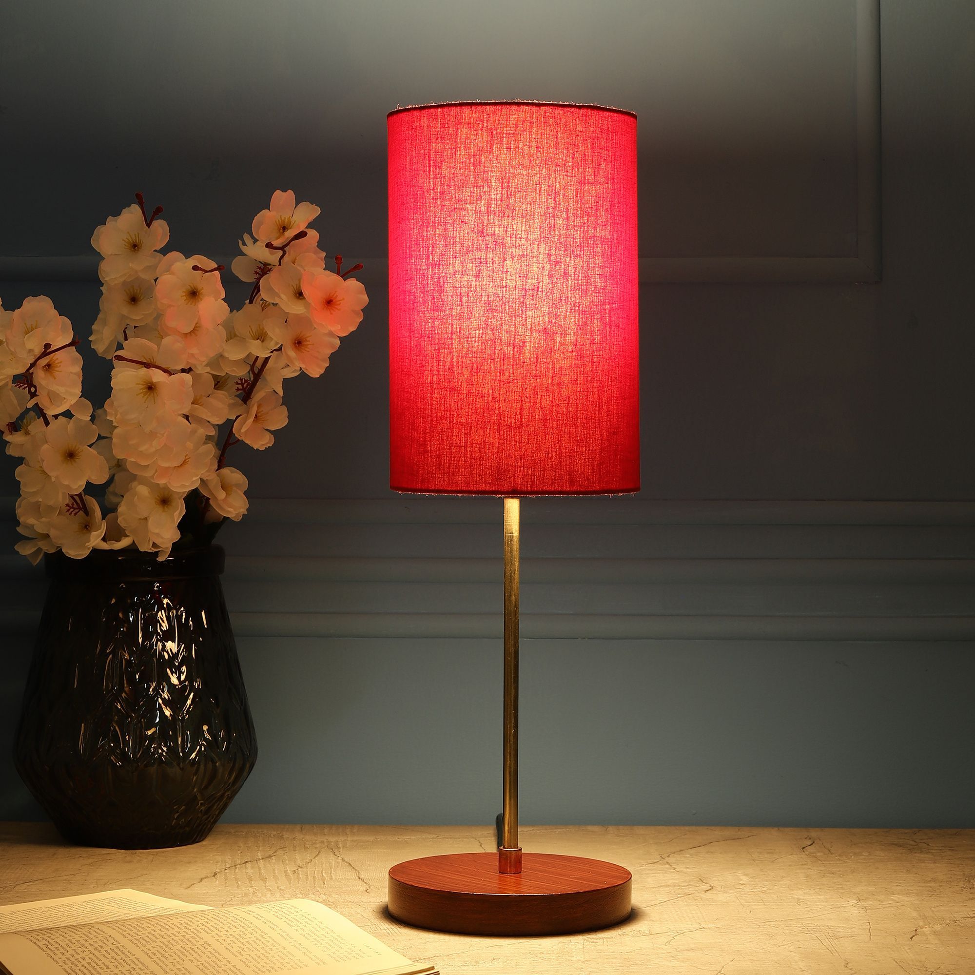 BTR CRAFTS Light Gold Rod & Brown Wooden Base Table Lamp (Cylinder Red Lampshade)