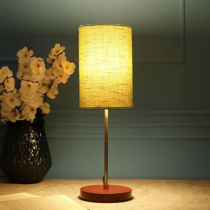 BTR CRAFTS Light Gold Rod & Brown Wooden Base Table Lamp (Cylinder Green Texture Lampshade)