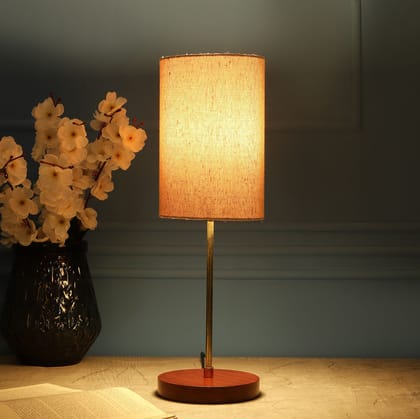 BTR CRAFTS Light Gold Rod & Brown Wooden Base Table Lamp (Cylinder Khadi Lampshade)