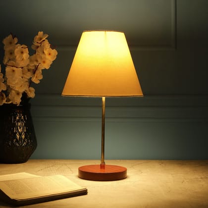 BTR CRAFTS Light Gold Rod & Brown Wooden Base Table Lamp (Conical White Lampshade)