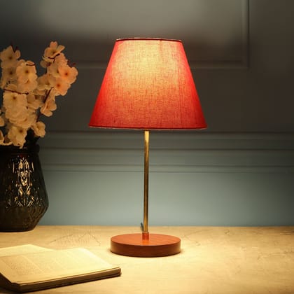 BTR CRAFTS Light Gold Rod & Brown Wooden Base Table Lamp (Conical Red Texture Lampshade)
