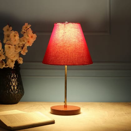 BTR CRAFTS Light Gold Rod & Brown Wooden Base Table Lamp (Conical Red Lampshade)