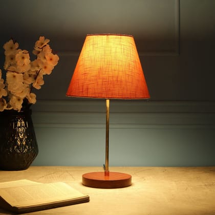 BTR CRAFTS Light Gold Rod & Brown Wooden Base Table Lamp (Conical Orange Texture Lampshade)