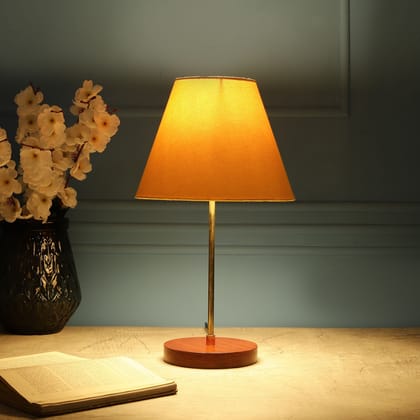 BTR CRAFTS Light Gold Rod & Brown Wooden Base Table Lamp (Conical Yellow Lampshade)
