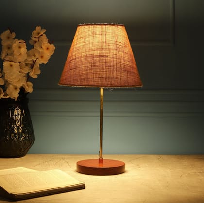 BTR CRAFTS Light Gold Rod & Brown Wooden Base Table Lamp (Conical Jute Lampshade)