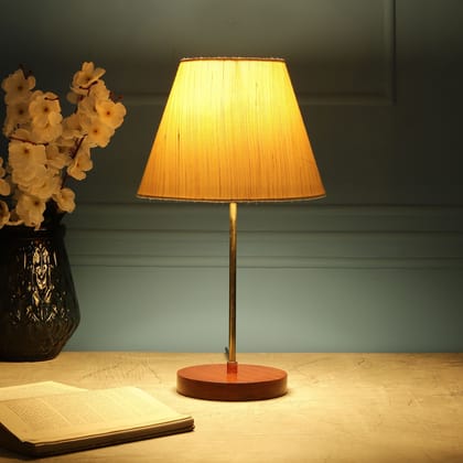 BTR CRAFTS Light Gold Rod & Brown Wooden Base Table Lamp (Conical Cream Texture Lampshade)