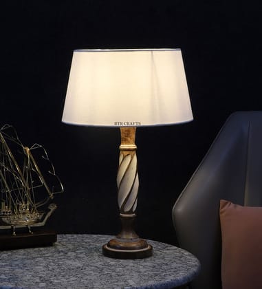 BTR CRAFTS Twister Wooden Table Lamp, White Lampshade / (Bulb Not Included)