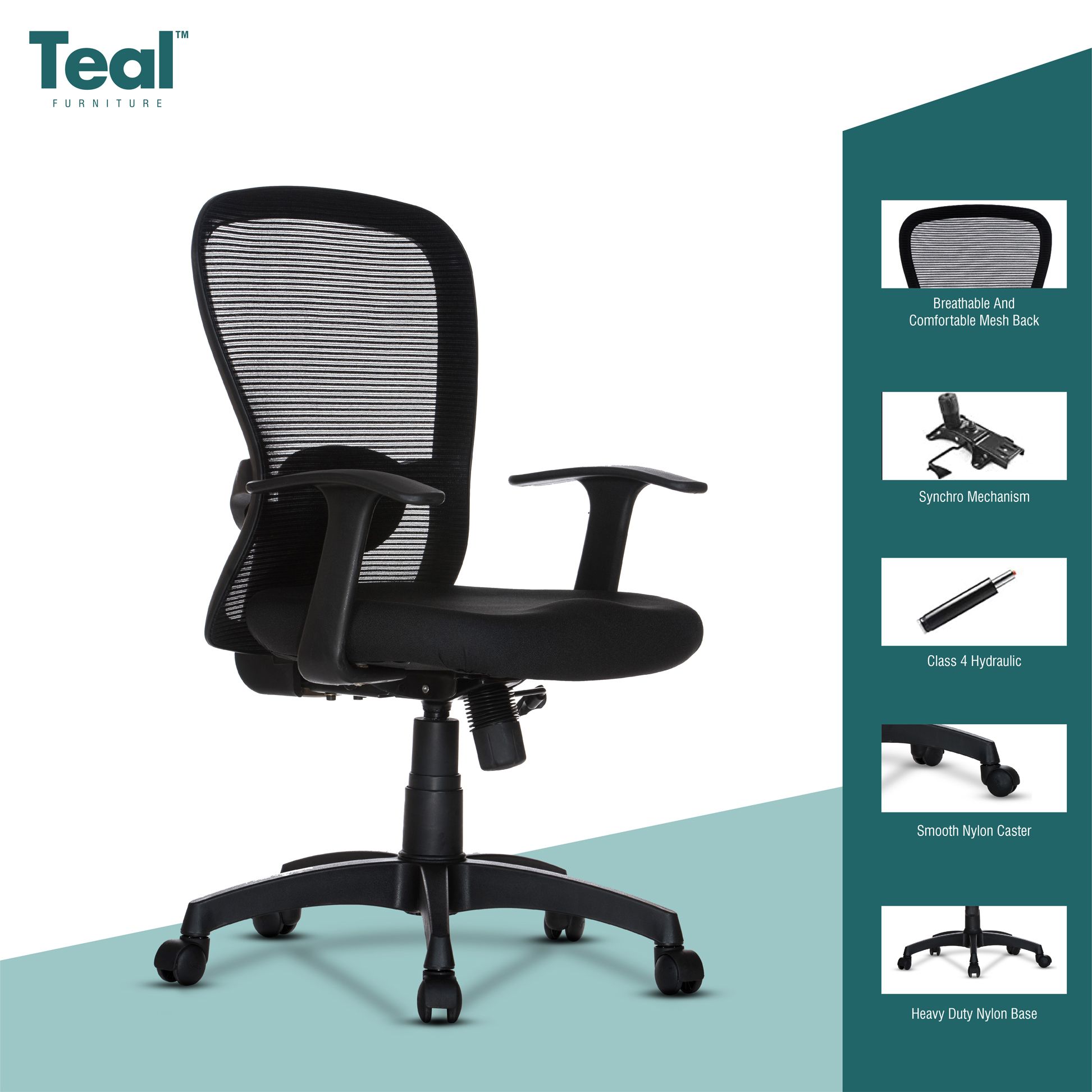 TEAL® Helicon MB Office Chair | 1 Years Warranty | Chair for Office Work at Home, Study Chair, Ergonomic Mid Back Chair, Adjustable Height Chair, Nylon Base, Black (1 Piece)