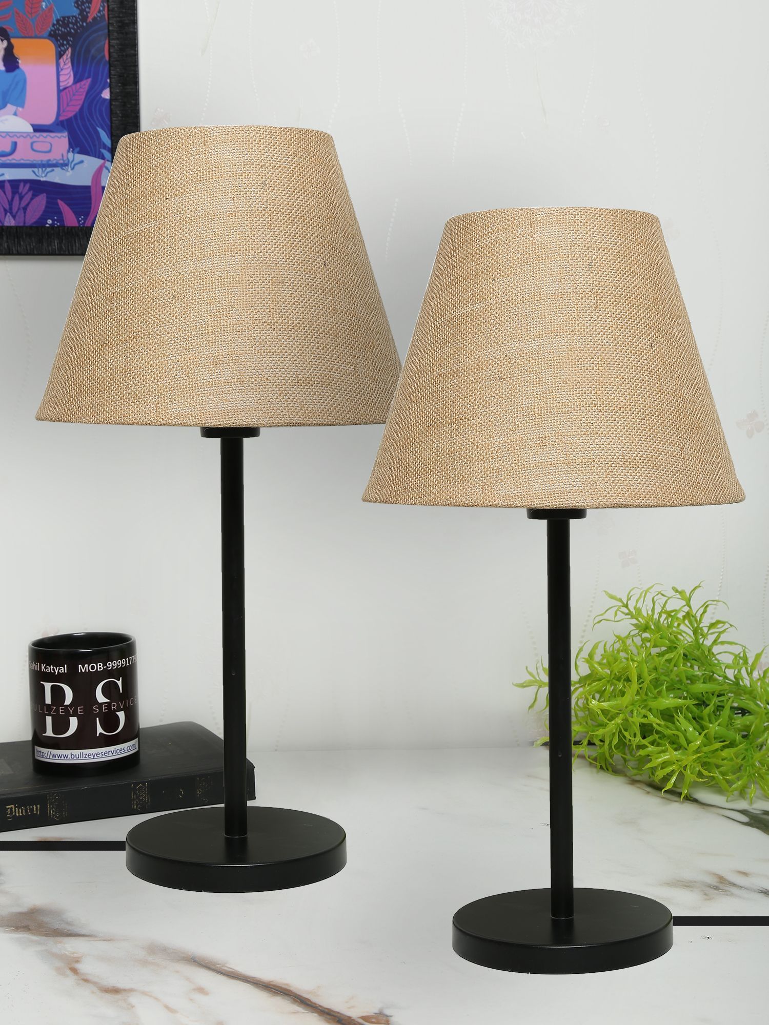 BTR CRAFTS Black Metal Table Lamp Set Of 2 With Jute Shade (Bulb Not Included)