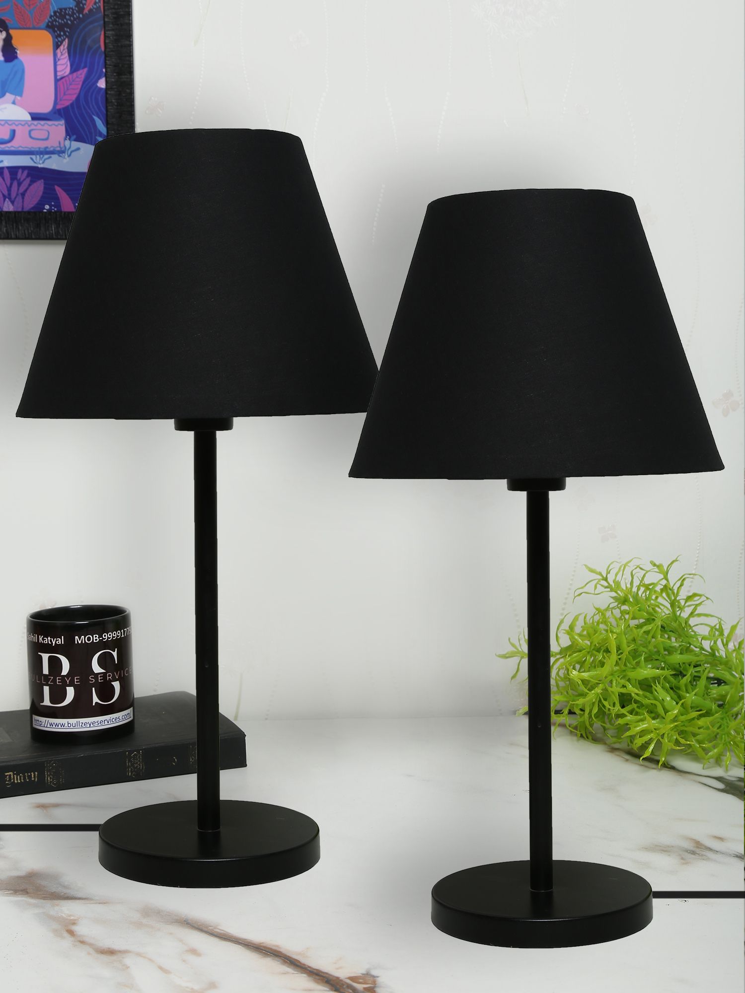 BTR CRAFTS Black Metal Table Lamp Set Of 2 With Black Shade (Bulb Not Included)