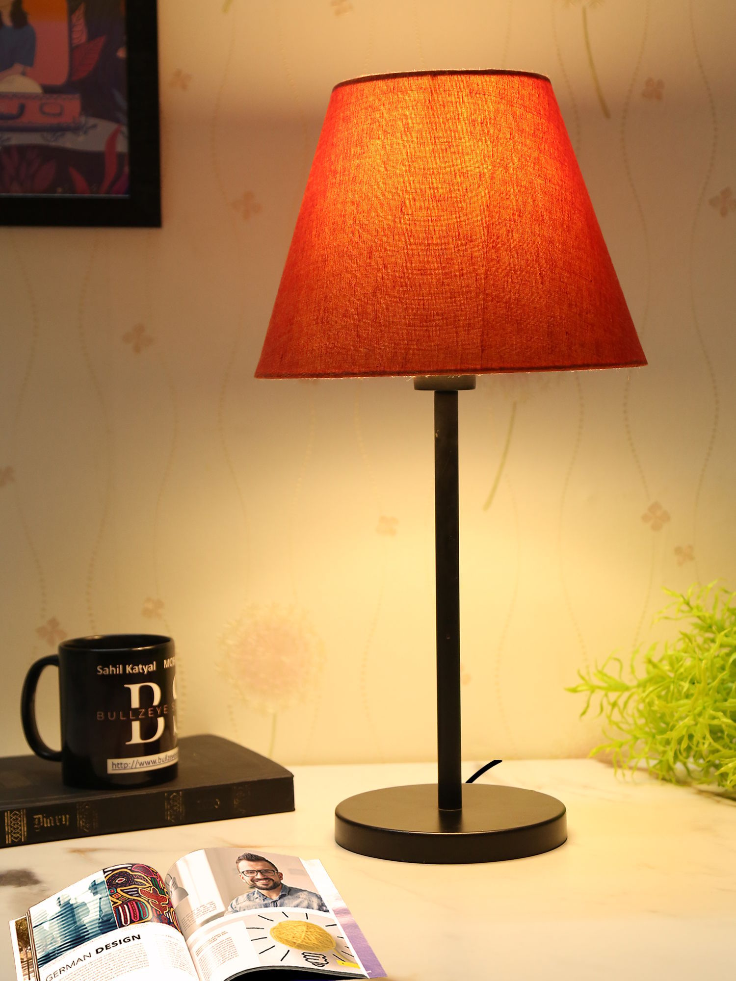 BTR CRAFTS Black Metal Table Lamp With Orange Shade (Bulb Not Included)