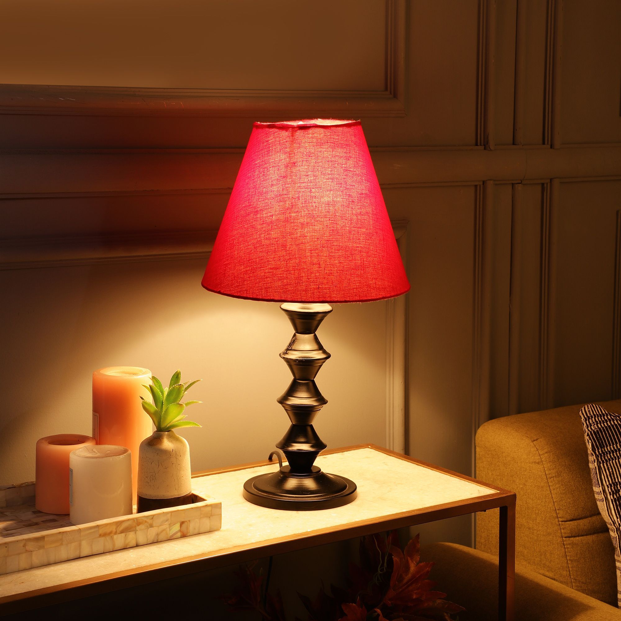 BTR CRAFTS Metal Table Lamp With Conical Red Shade