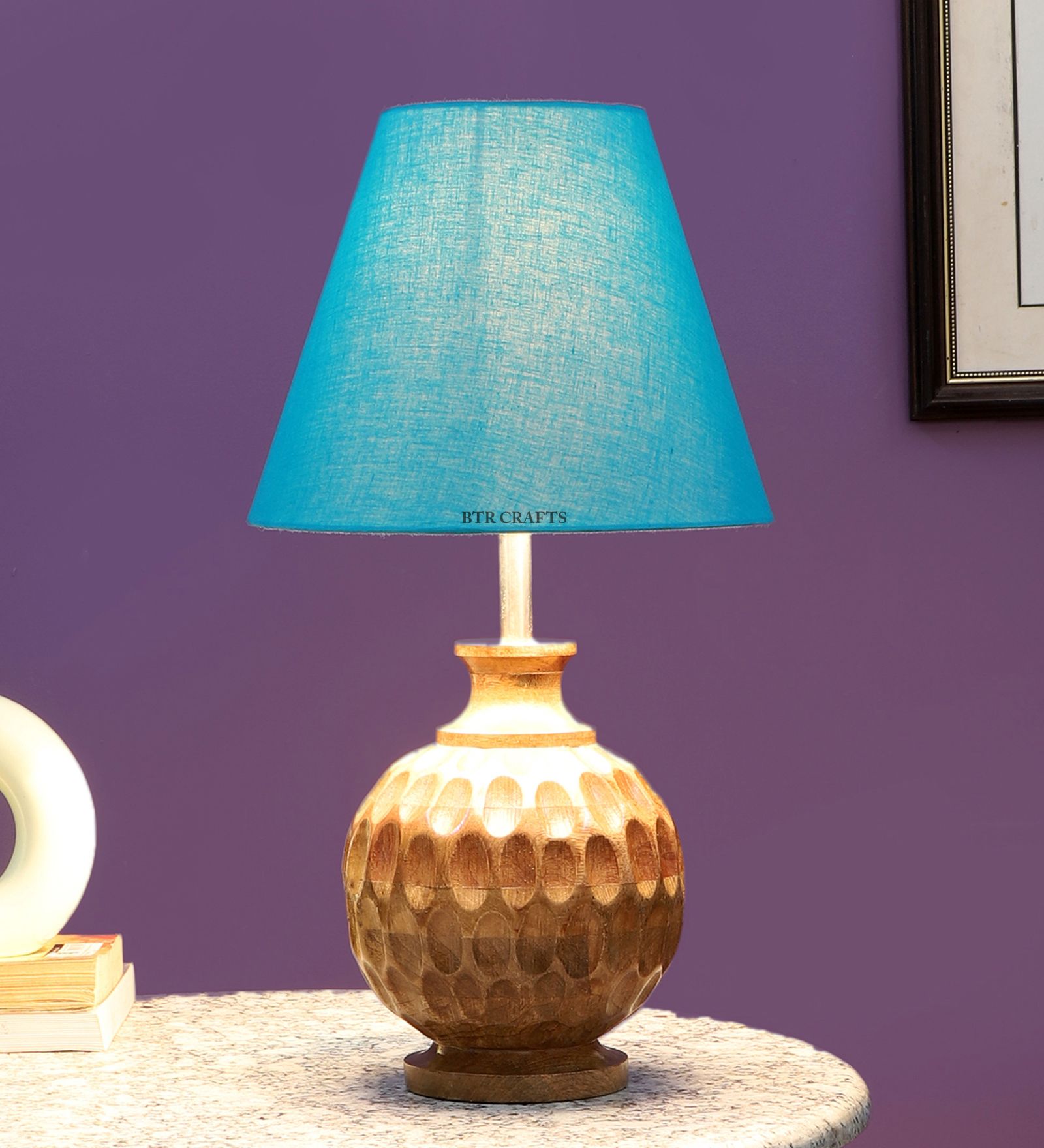 BTR CRAFTS Spotted Wooden Matki Table Lamp, Teal Lampshade (Bulb Not Included)