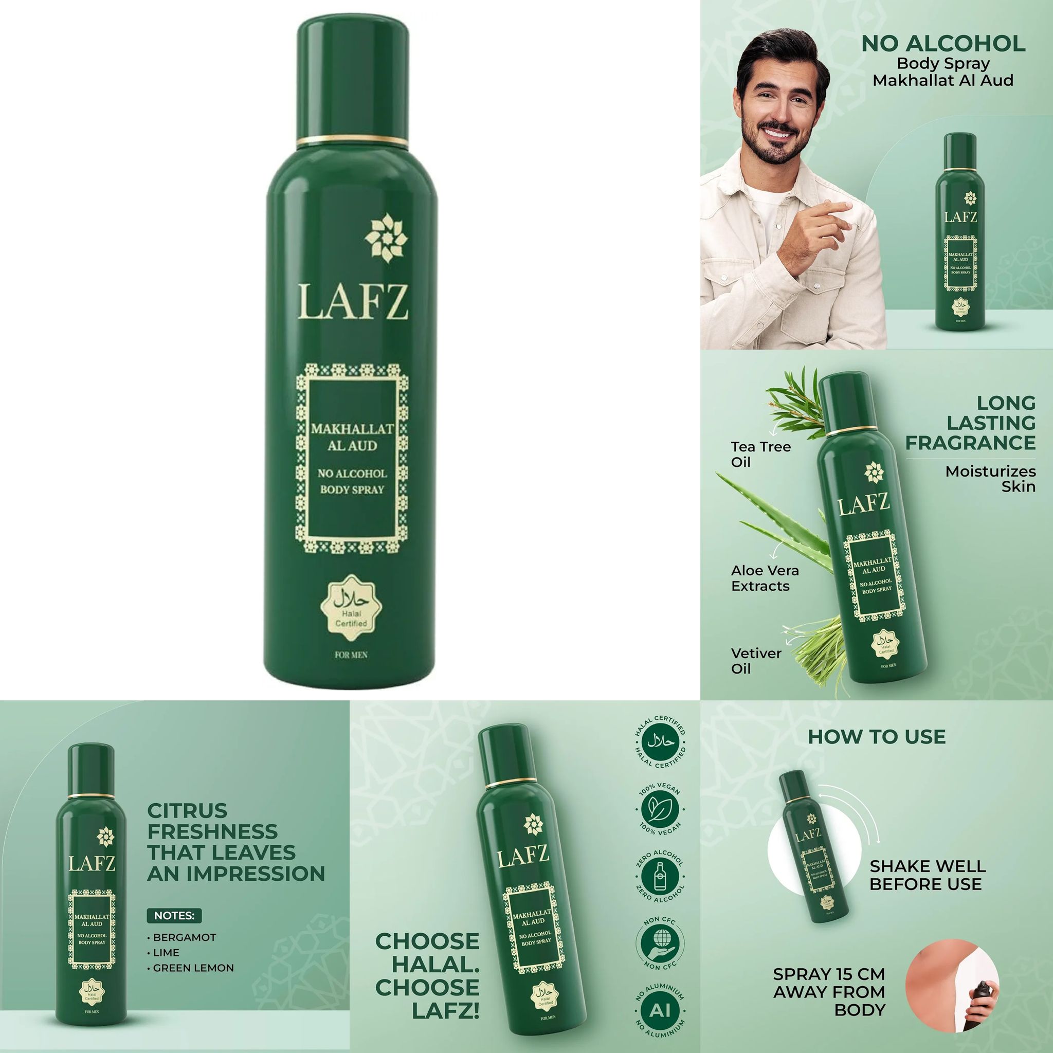 LAFZ Makhallat Al Aud Body Spray, No Alcohol Deodorant - For Men, 150 ml
