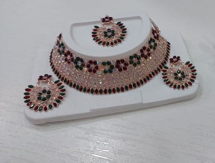 Artificial Necklace Set with Tikka (Green+Brown)